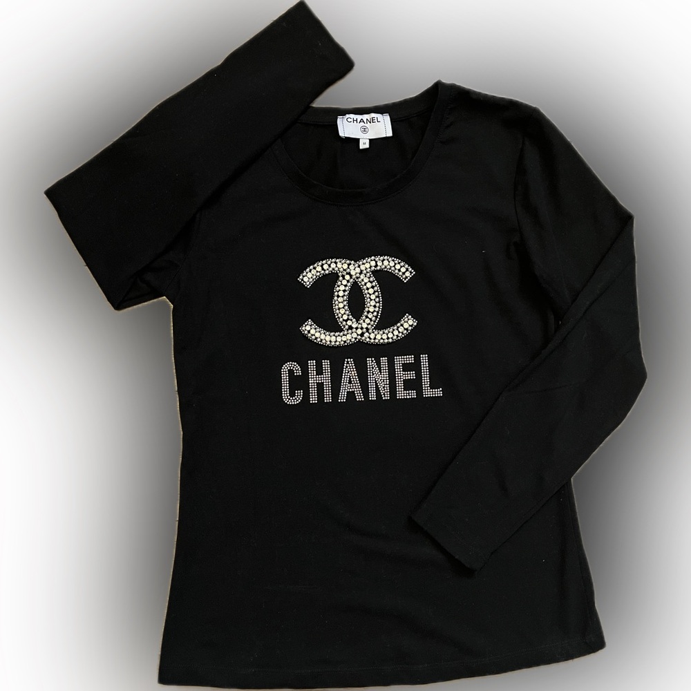 CHANEL Black Top with Swarovski Crystal Logo